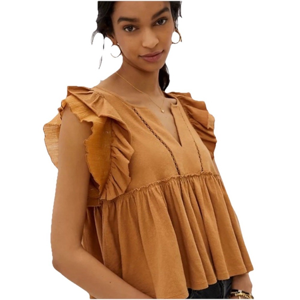 Anthropologie Boho Caroline Ruffled Babydoll‎ Blouse Muted Orange Size Small